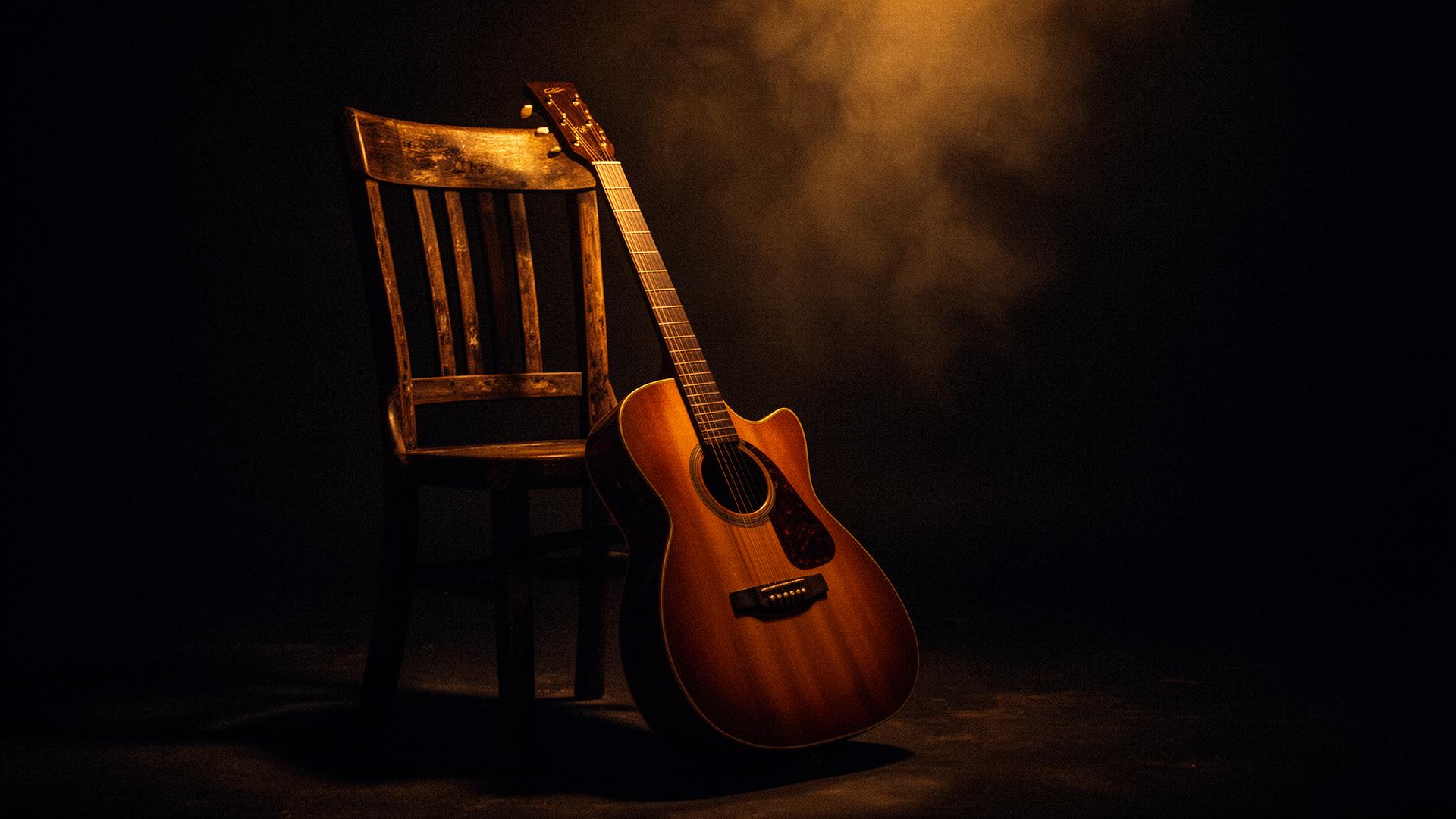 Violão sob luz âmbar